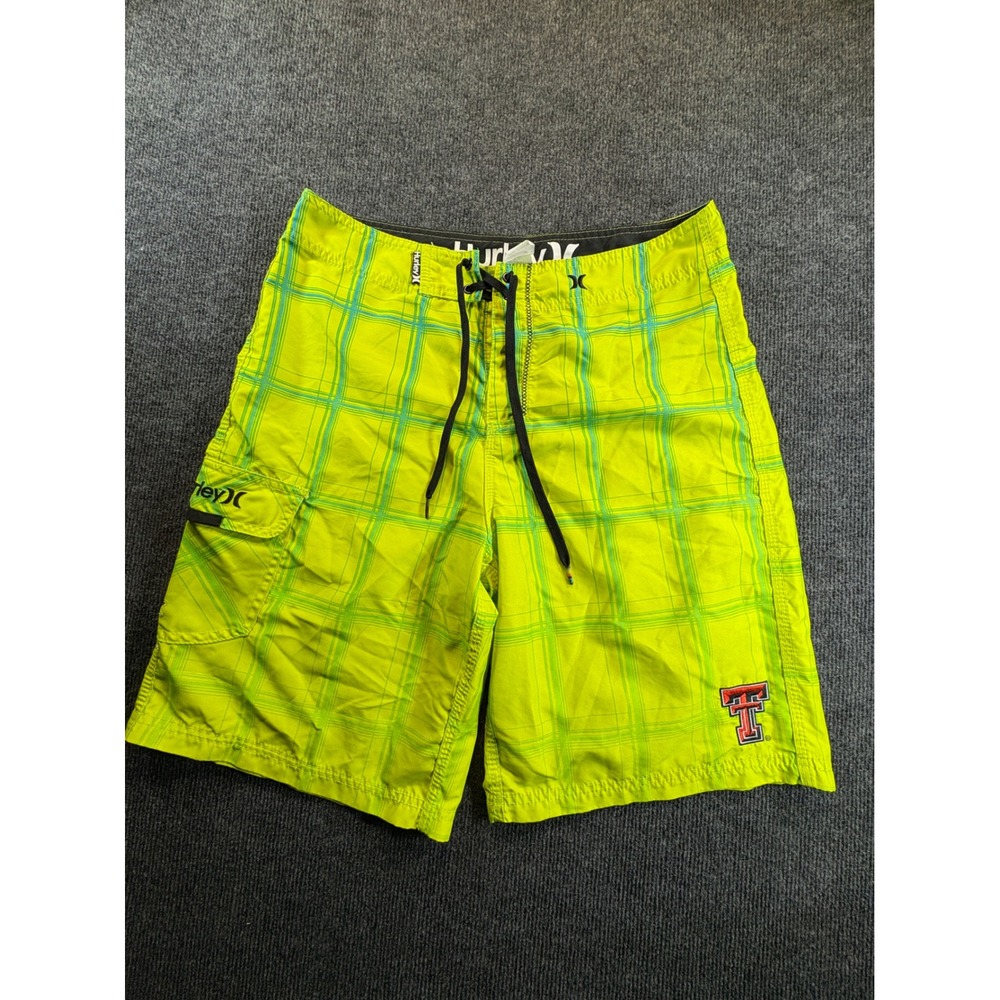 Hurley Texas Tech Red Raiders Board Shorts Mens 33 Neon Lime Green Plaid Cargo